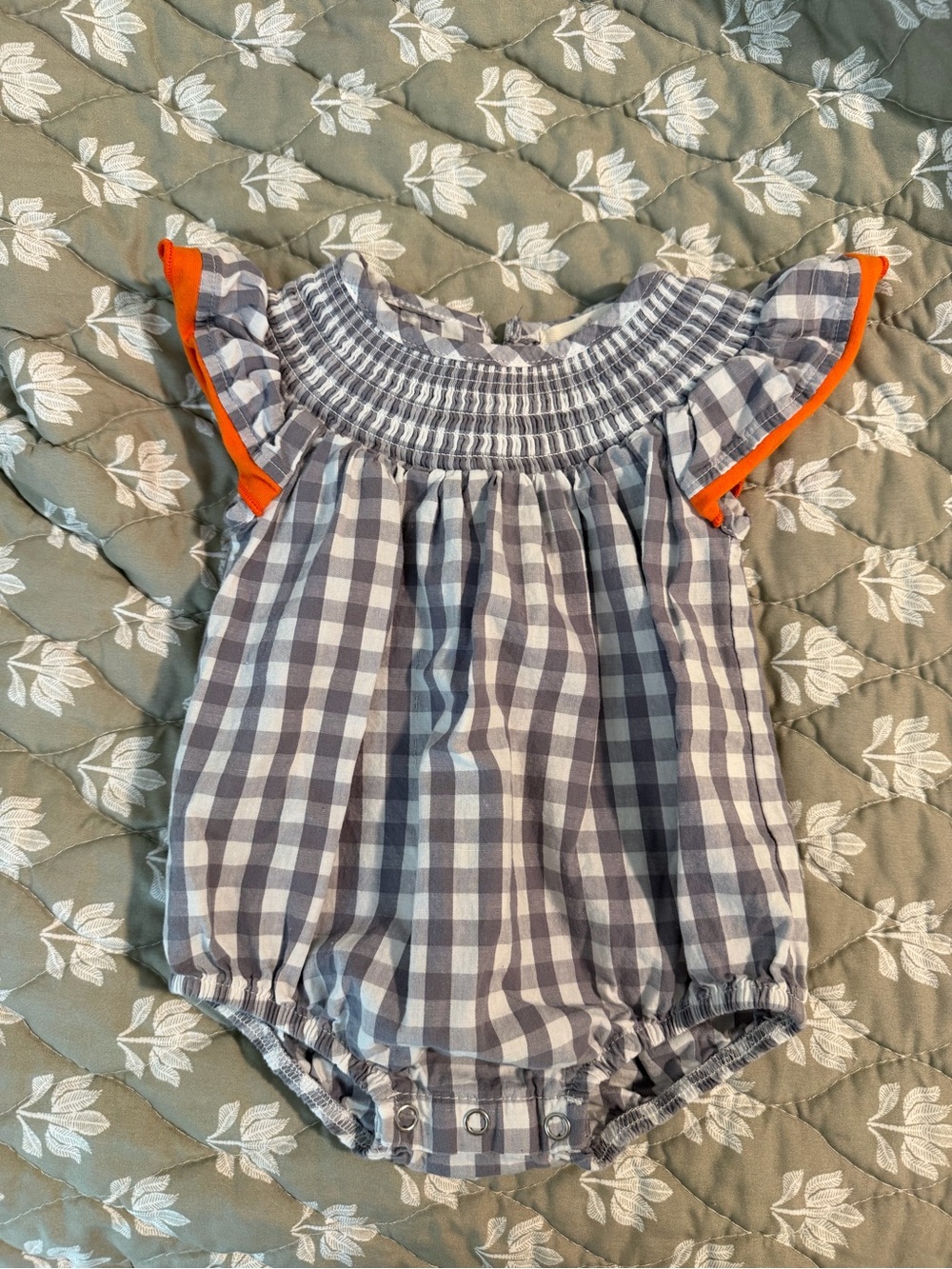 Gingham Smocked Bubble Romper with Orange Trim